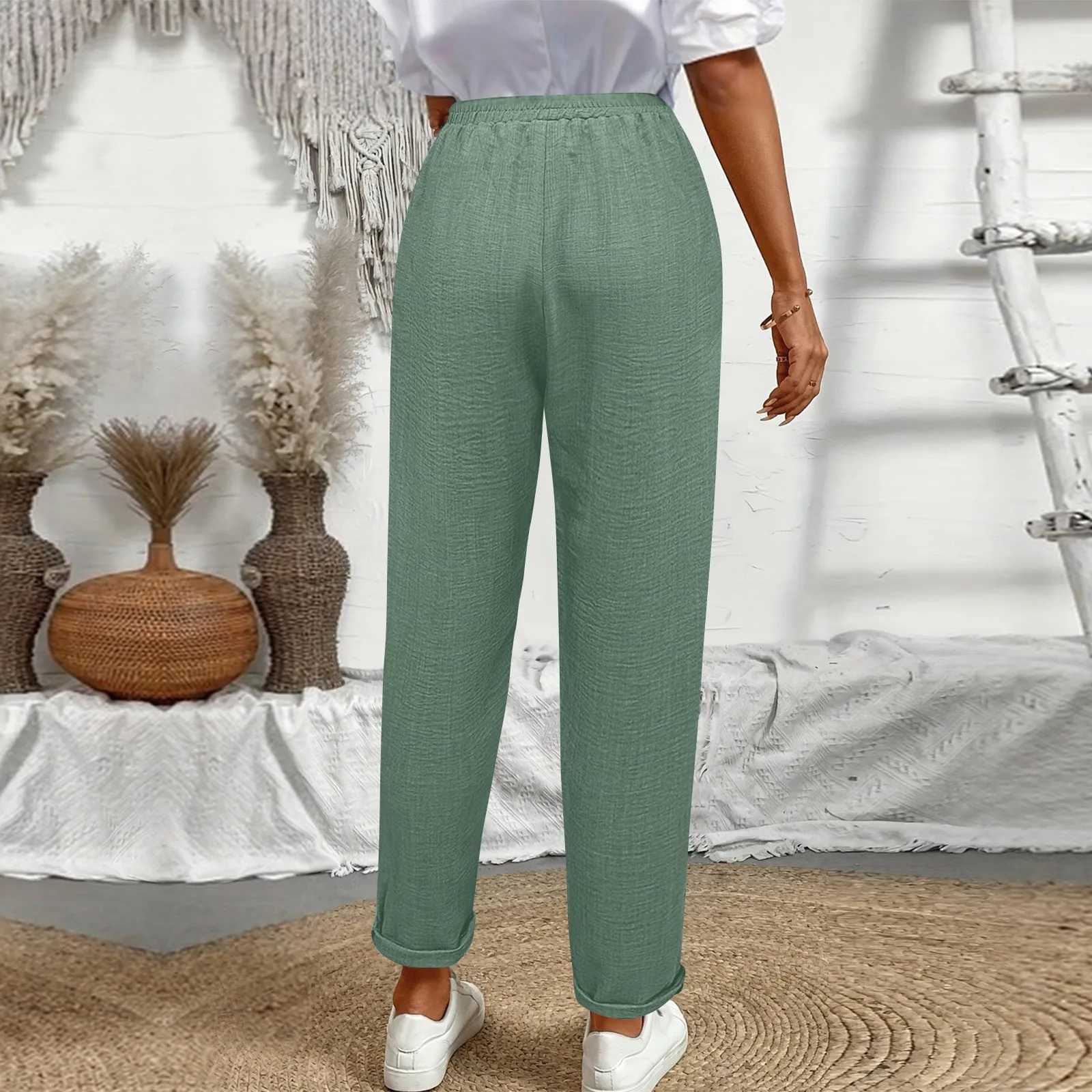 Womens casual pants elastic waist tie trousers loose straight leg sweatpants comfortable and breathable summer trousersXJ250616