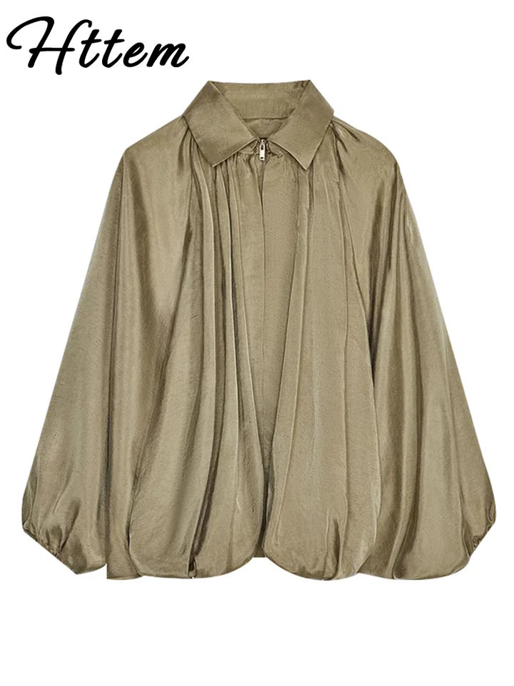 Casual Green Jacket Women Loose Pleat Lapel Zipper Batwing Long Sleeve Bomber Coat Female 2025 Fashion Lady High Street Outwears 250614