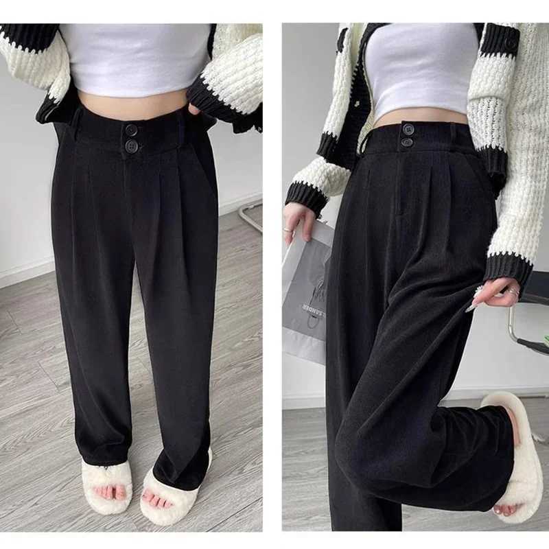 2024 Women Chic Designer Suit Pants Lady Wide Straight Leg Double Button Work Daily Trousers Lady Korean Style High Waist SlacksXJ250616