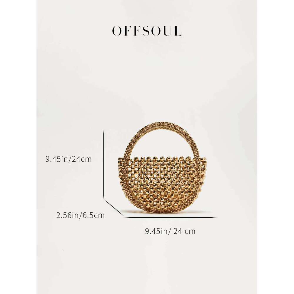 Hollow Hand-Made Metal Sense Gold Woven Half-Round String Beads Pearl Bag Round Handbag