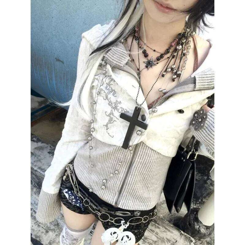 Y2k Gothic Zippered Knitted Fashion High Street Sweater Haruku Hip Hop Zip Hooded Cardigan