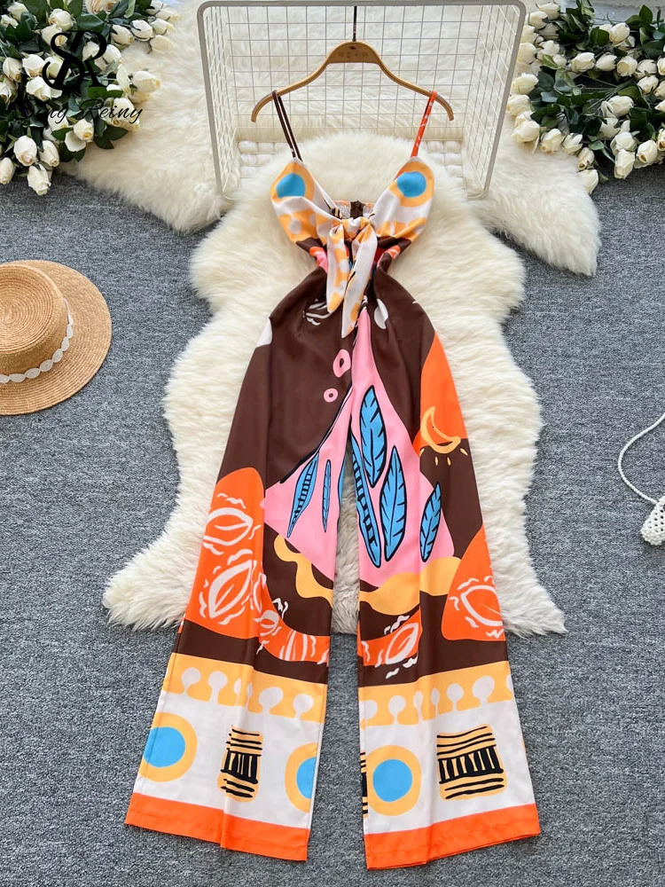 SINGREINY Holiday Casual Long Jumpsuits Female Strap Cross V Neck Ruched Slim Backless Playsuits Summer Beach Print Rompers 250612