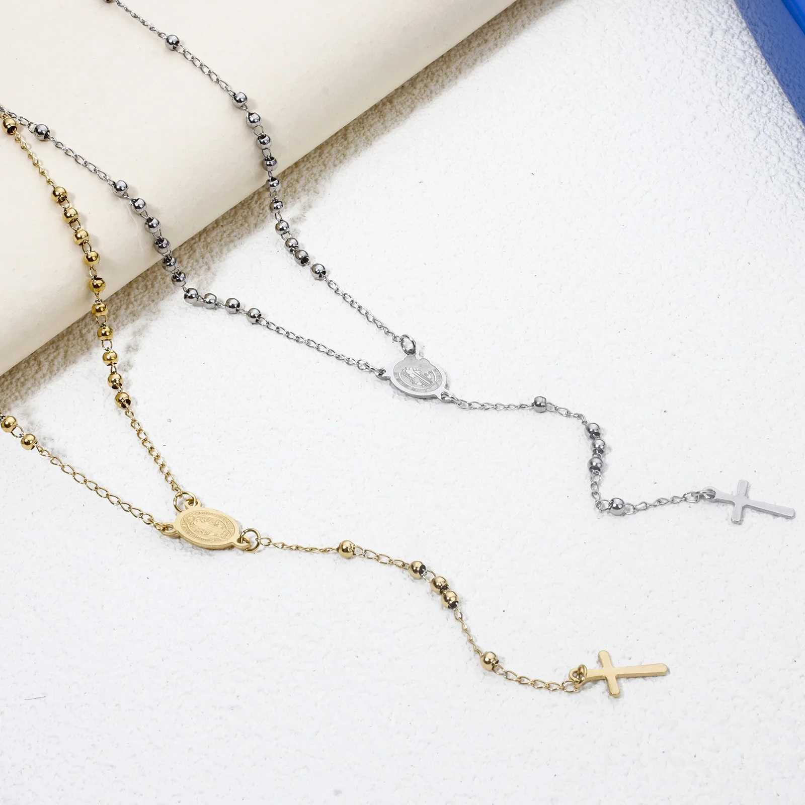 1 Piece Religious 304 Stainless Steel Prayer Beads Rosary Necklace Cross Pendant For Women Jewelry Gifts 52cm(20.5) long M250617