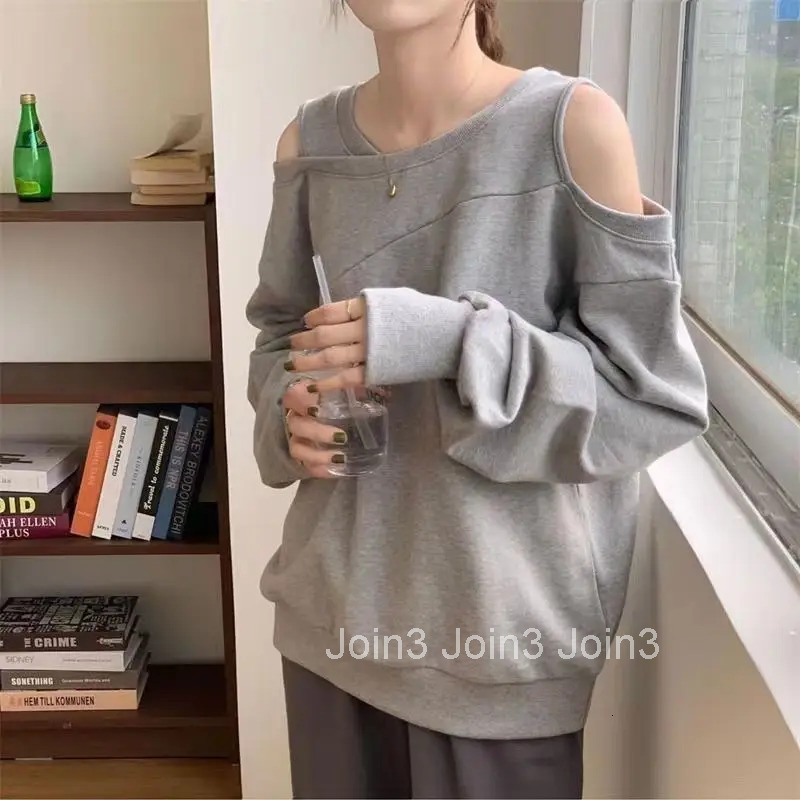 Grey Women Clothing Cotton Off Shoulder Top for 2025 Woman T-shirt Loose Spring and Autumn Tshirt Sale Simple Cheap Stylish Tee
