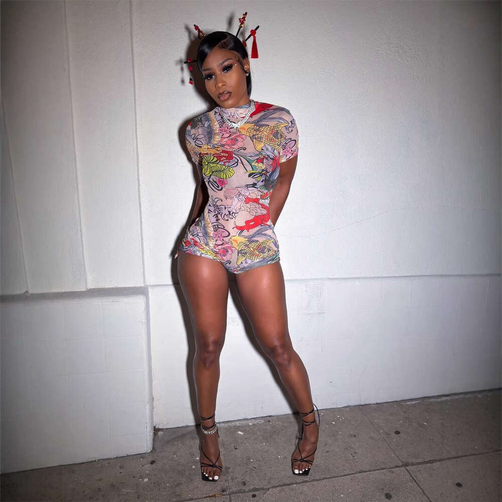 Summer New Women's Fashion Personality Sexy Print Backless Slim Fit High Neck Jumpsuit B5