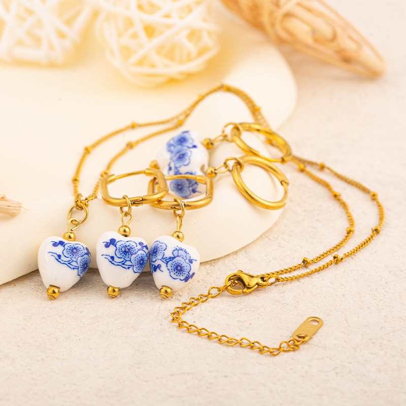 New Fashion Personality Light Blue White Porcelain Necklace and Earrings for Women, Titanium Steel Ceramic Design Jewelry Set