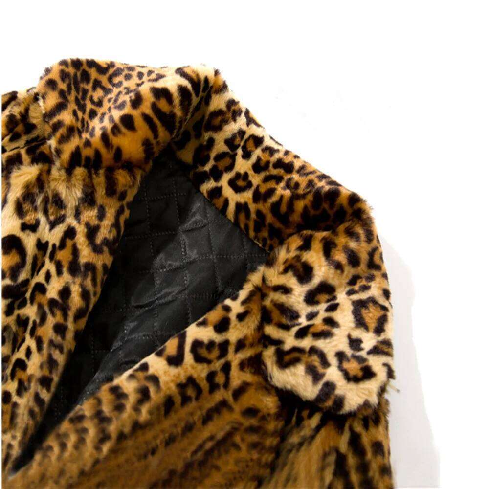 S-4XL Winter Warm Open Turn-Down Neck Loose Plush Jacket Women Faux Fur Leopard Cardigan Ladies Thick Long Coat