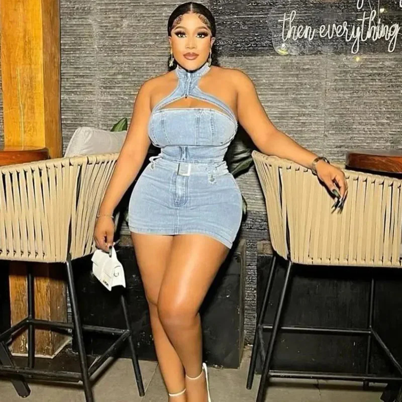 Sexy Denim Two Piece Set Women Y2K Clothes Zipper Halter Hollow Out Backless Crop Top and Mini Skirt Club Party Matching Sets 250614
