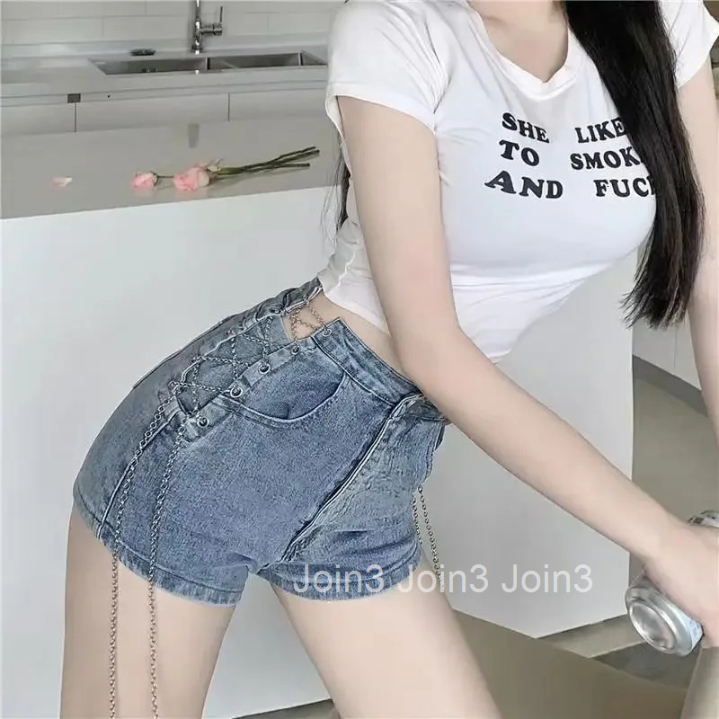 Light Blue With Waist Pocket Short Jean Pants Woman Y2k Vintage Korean Style Harajuku Fashion Trend 2025 Denim Shorts for Women