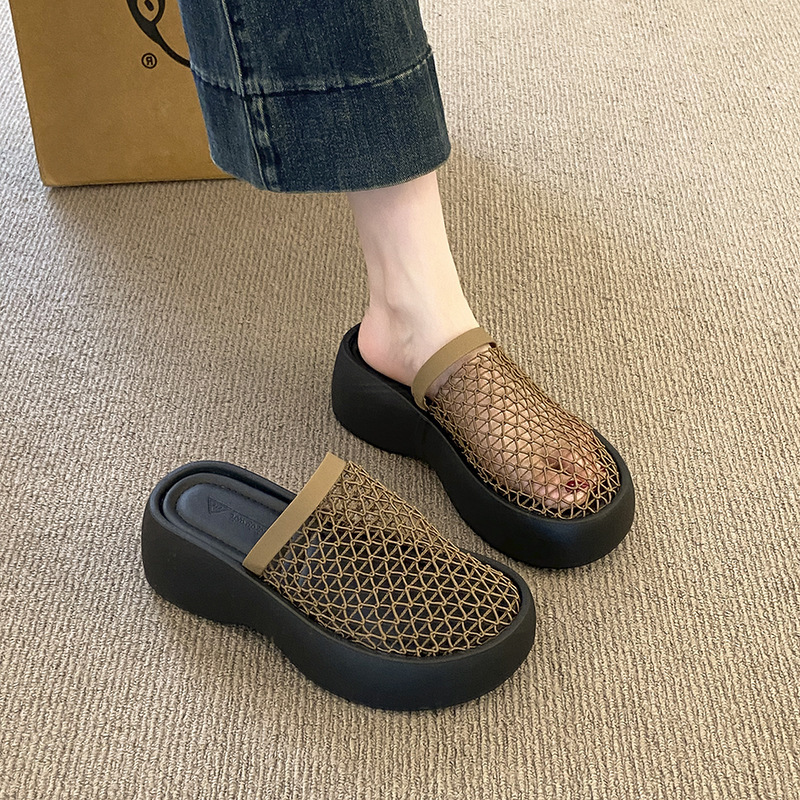 Ddmysports Wedge High Heel Fishnet Hollow Out Closed Toe Mules Women S Shoes Outdoor Summer Internet Celebrity Thick Sole Sandals Outdoor Shoes