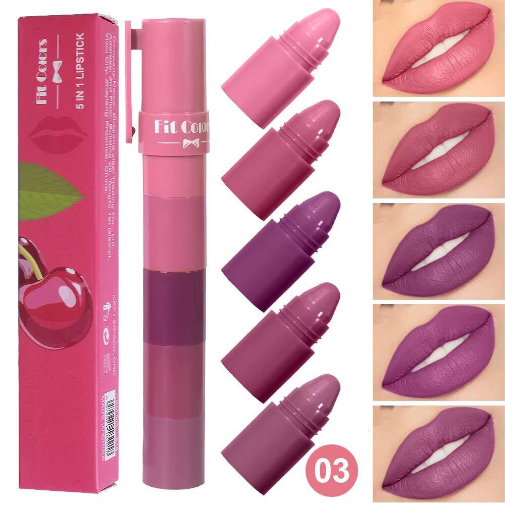5 in 1 Matte Pencil Kit Combo Velvet Sexy Red Lip Tint Non-stick Cup Multicolour Lipstick Pen Makeup Lips Cosmetic Set happy