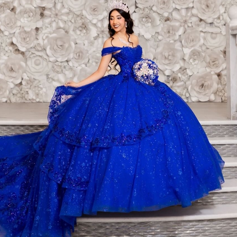 Royal Blue Quinceanera Dresses Ball Gown Off The Shoulder Sequin Applique Lace Beading Crystal Tull Sweet 16 Dress Vestidos 15 De Anos