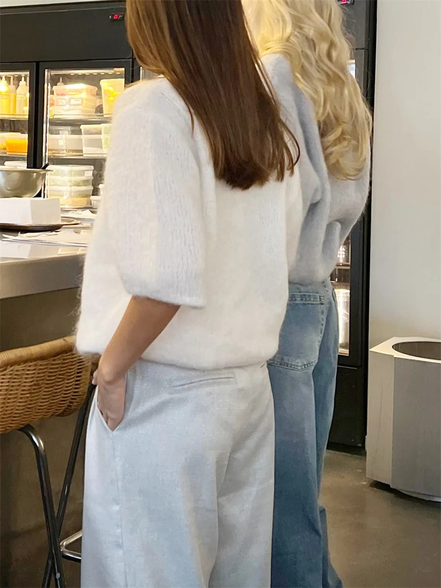 Womens Spring Autumn Knit Sweaters Half Sleeve O Neck Solid Color Casual Knitwear 250614