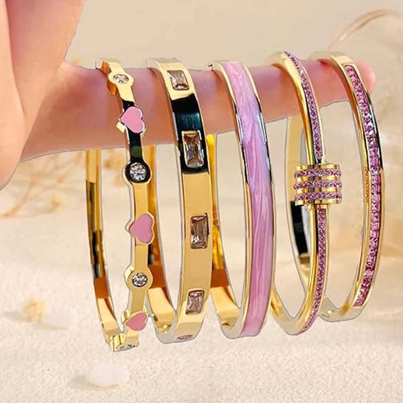 Stackable Gold Color Bangle Set for Women - 18K Gold Plated Stainless Steel Pink Crystal Heart Jewelry Z250616