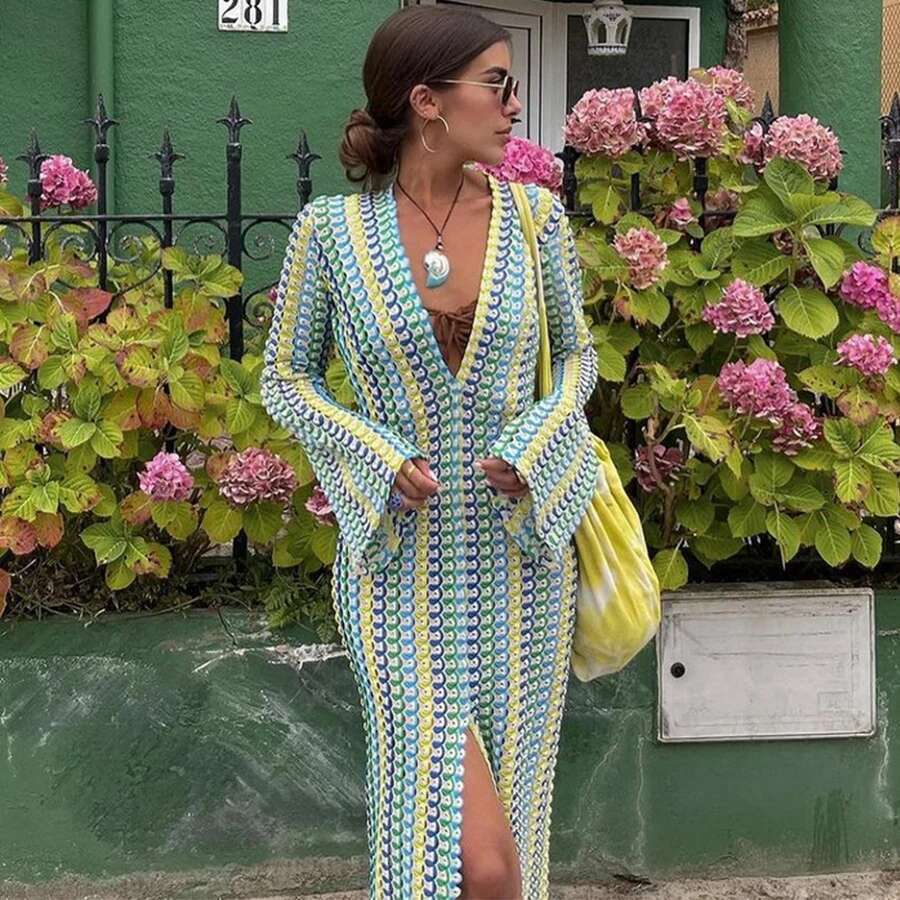 Para Praia Hollow Out Knitted Long 2025 Dress Bikini Swimwear Cover Ups Sexy Beach Outfits For Women Beachwear