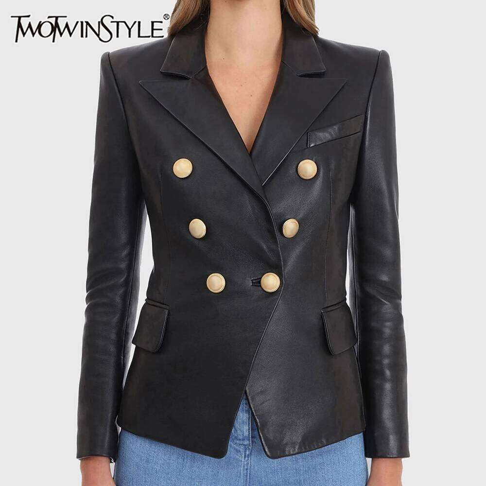 TWOTWINSTYLE Elegant Slimming Jackets For Women Lapel Long Sleeve Minimalist Patchwork Double Breasted Tunic Jacket Female Style