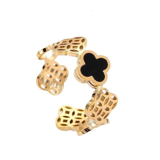 Fashion Light Luxury Style Personality Black Mother-of-Pearl Hollow Flower Open for Women High-End Sense Ring
