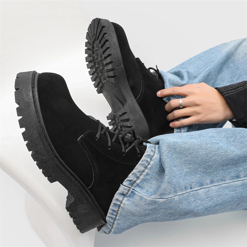 2025 Men Big Size High Quality Square Heels Platform Punk Toe Derby Boot Laceup Ankle Boots Shoes 250612