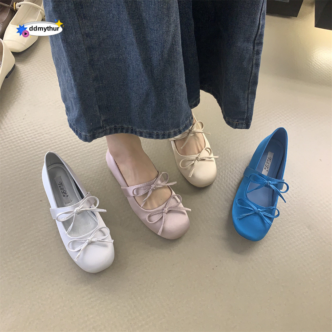 4CM Height Increase~ Thick Sole Satin Bowknot Single Shoes for Women Spring and Autumn Gentle Versatile Matching Skirt Ballet Flats ddmythur