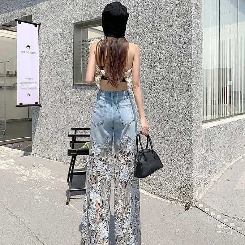 Lace with Print Holes Pants for Women Ripped Torn Graphic Trousers High Waist S Pattern Straight Leg Womens Jeans Grunge Y2k 250609