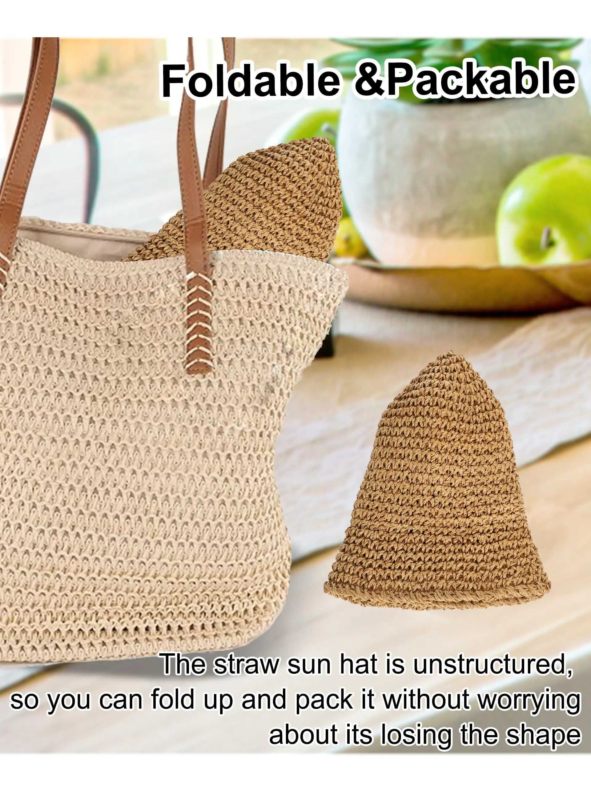 Summer UV-Protect Crochet Straw Bucket Hat for Women Beach Fashionable Breathable Outdoor Sunshade Cap Foldable Visors M250616