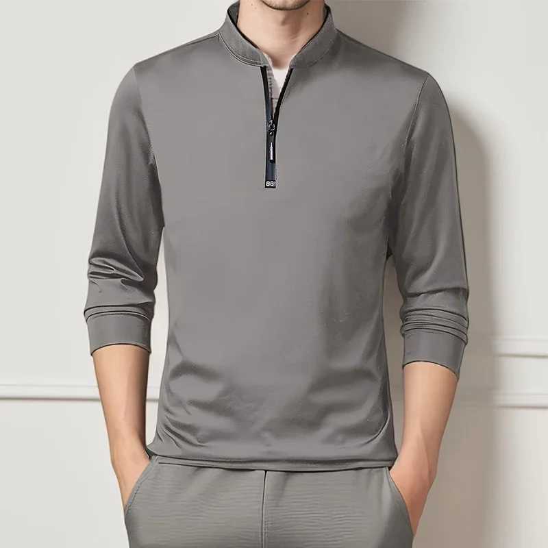 Mens Casual Fashion Solid Color Long Sleeve Polo Shirt Stand Up Collar Versatile Comfortable Top W250616