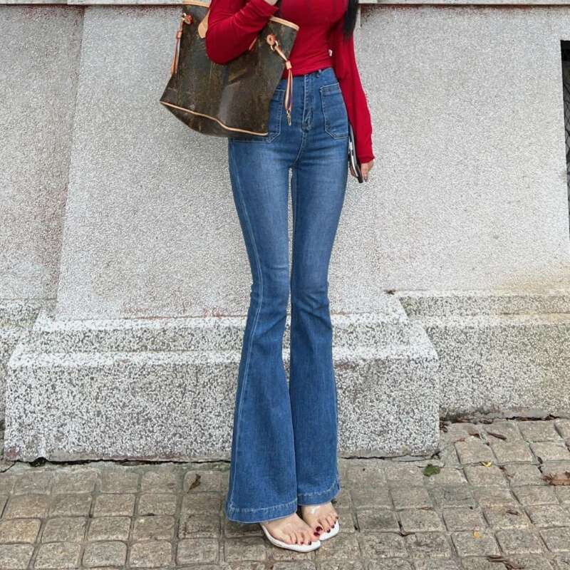 Womens Flare Jeans Skinny Slim Fit Solid Color Cowboy Pants for Woman Good Quality Pant Clothes 90s Xxl Z Bell Bottom Trousers