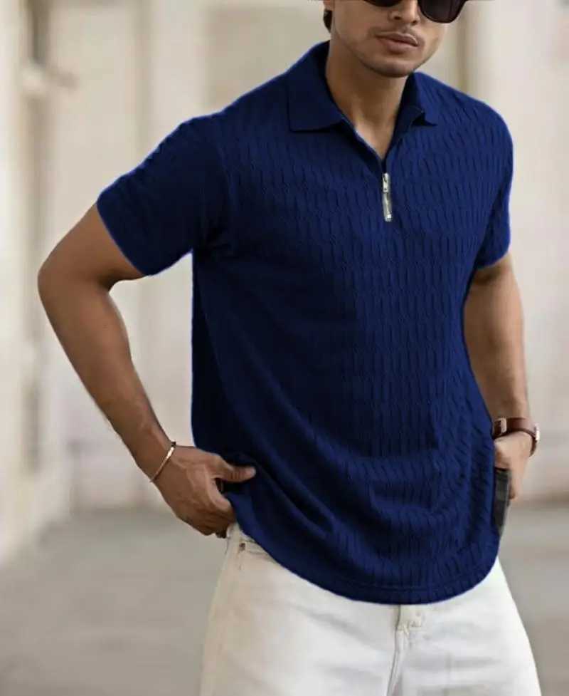 Summer Mens Short-Sleeved POLO Shirt Elastic Breathable Mens T-Shirt Fashionable Solid Color Zipper Outdoor Sports POLO Shirt W250616