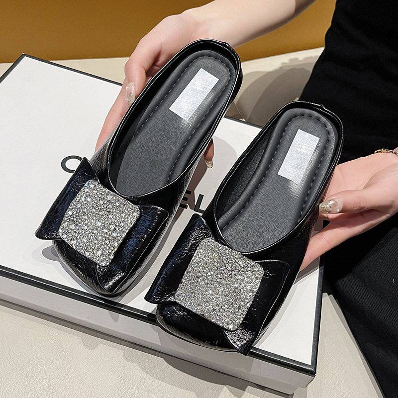 Ddmysports Square Shallow Mouth Shoes Korean Style Leather Flat Slip On Rhinestone Velvet Slippers Women S Closed Toe Outdoor Shoes