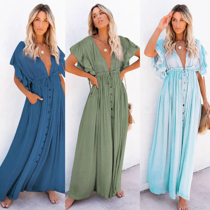 Summer Long Bikini Cover Ups for Women Solid V-Neck Kimono Beach Dresses Lace Up Anti-Sun Swim Dress Bohemian Sarong Skirt 250614