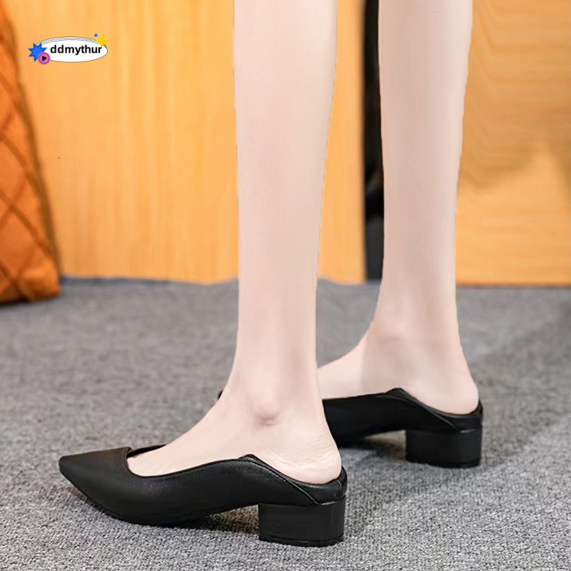 Pointed Toe Single 2023 Office Leather Thick Heel Comfortable Women's Professional Work Shoes Black ddmythur