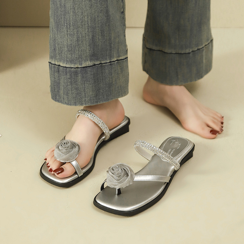 Ddmysports Fairy Style Fashion Rhinestone Toe Ring Slippers For Women Summer New Chunky Heel Dress Shoes With Flower Design Outdoor Shoes