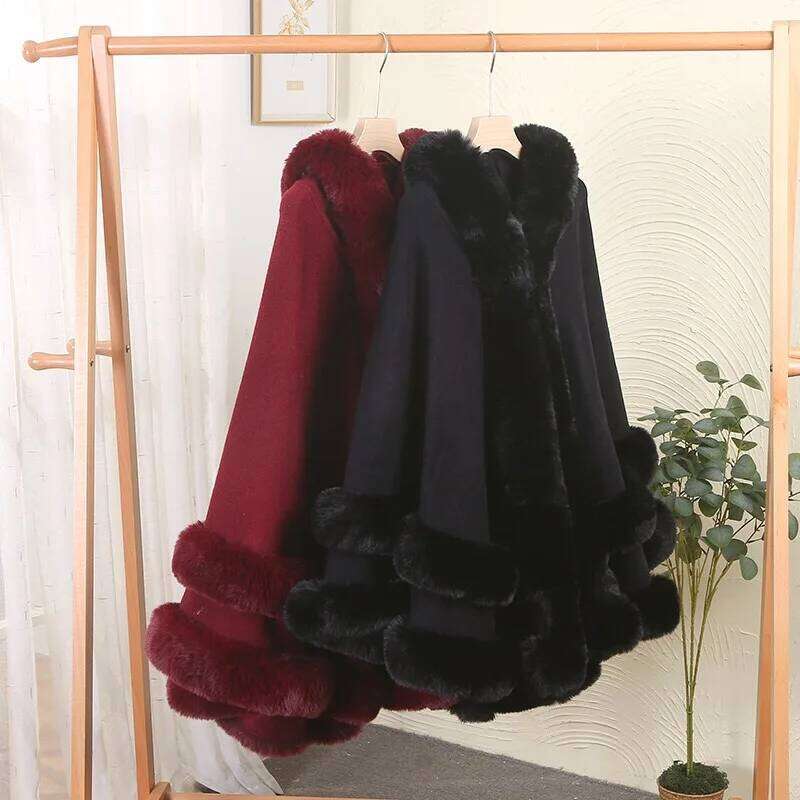 Double Layer Imitated Rex Rabbit Cape Coat Hooded Shawl Winter Women Knit Poncho Overcoat Faux Fur Wraps Big