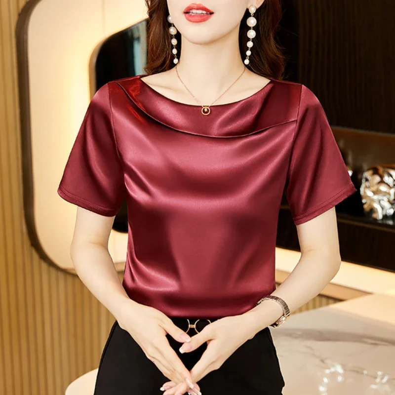 Satin Women Blouse T-shirt Skew Collar Blouses Summer Short Sleeve Womens Tops Solid Elegant Women Clothing OL Shirts for Women 250614
