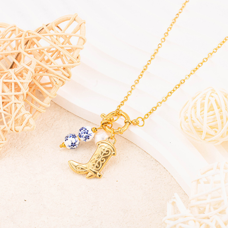 New Chinese Style Design Boots Blue and White Porcelain Bead for Women Imitation Pearl Fashionable Versatile Titanium Steel Necklace
