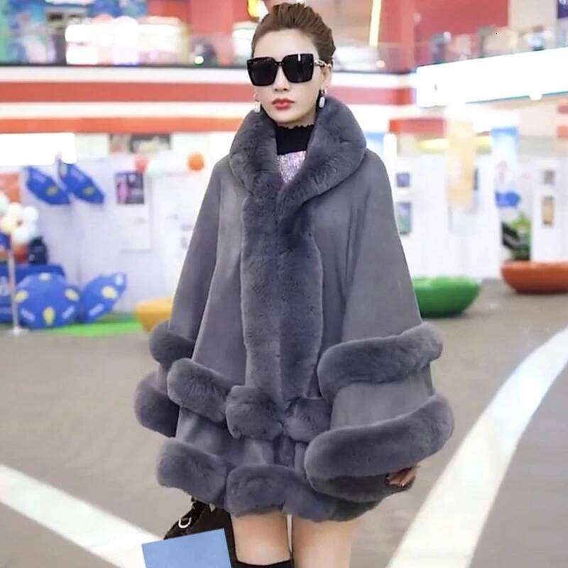 Double Layer Imitated Rex Rabbit Cape Coat Hooded Shawl Winter Women Knit Poncho Overcoat Faux Fur Wraps Big
