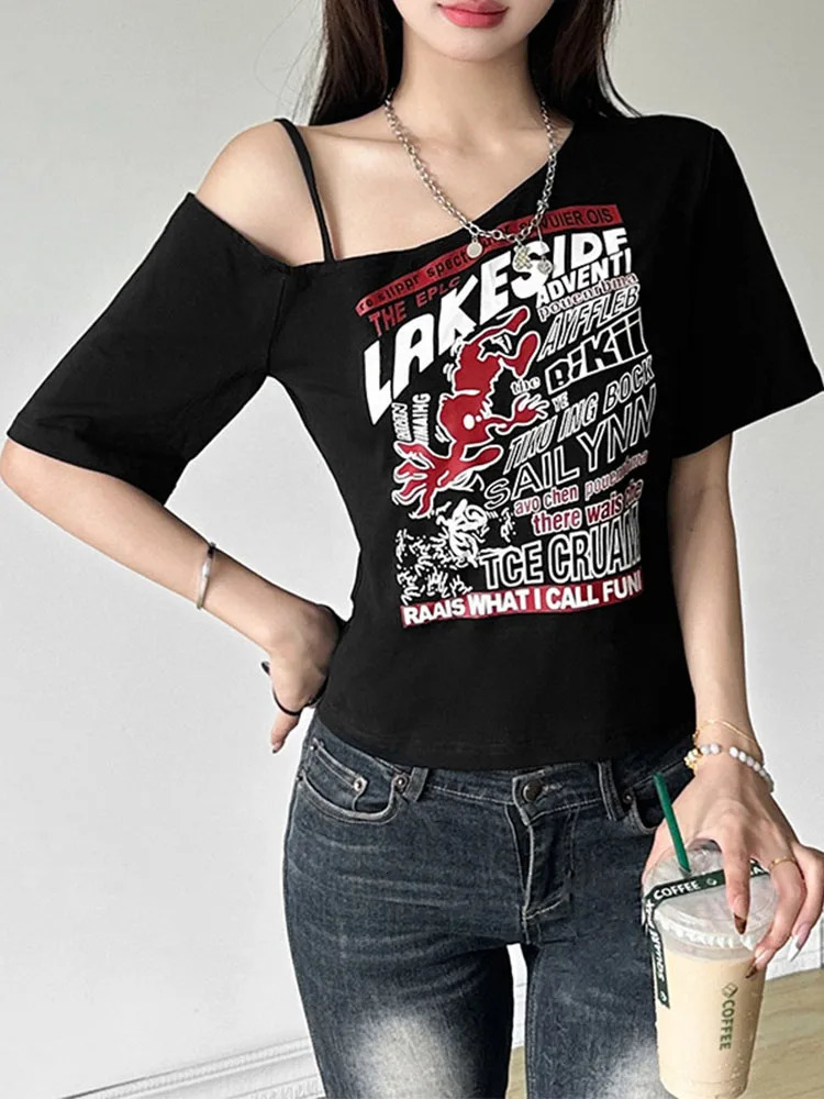 Gothic Tee Y2k Letter Print Off Shoulder Punk T-shirts Women Harajuku Summer Streetwear Grunge T Shirt Aesthetic Sexy Crop Tops 250614