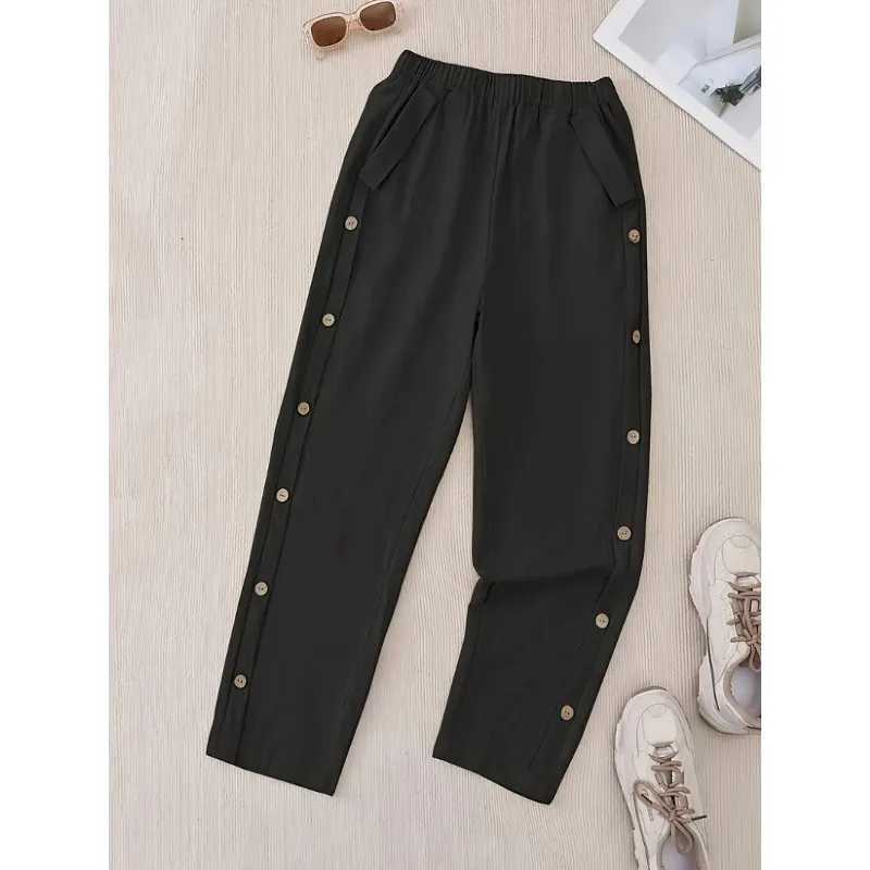Plus Size 1XL-5XL Women Button Up Wide Leg Pants For Women Solid Color Cropped Cotton Pants Summer High Waist Baggy Sweat pantsXJ250616