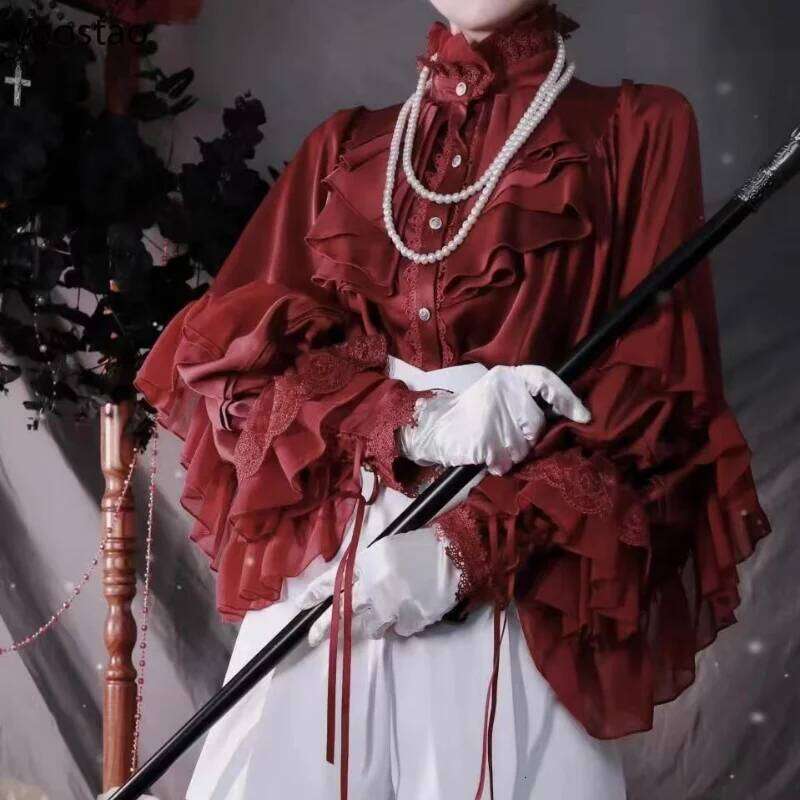 Victorian Gothic Vintage Lolita Shirts Women Elegant Lace Patchwork Batwing Sleeve Blouse Tops Female Y2k Aesthetic JK Blusas