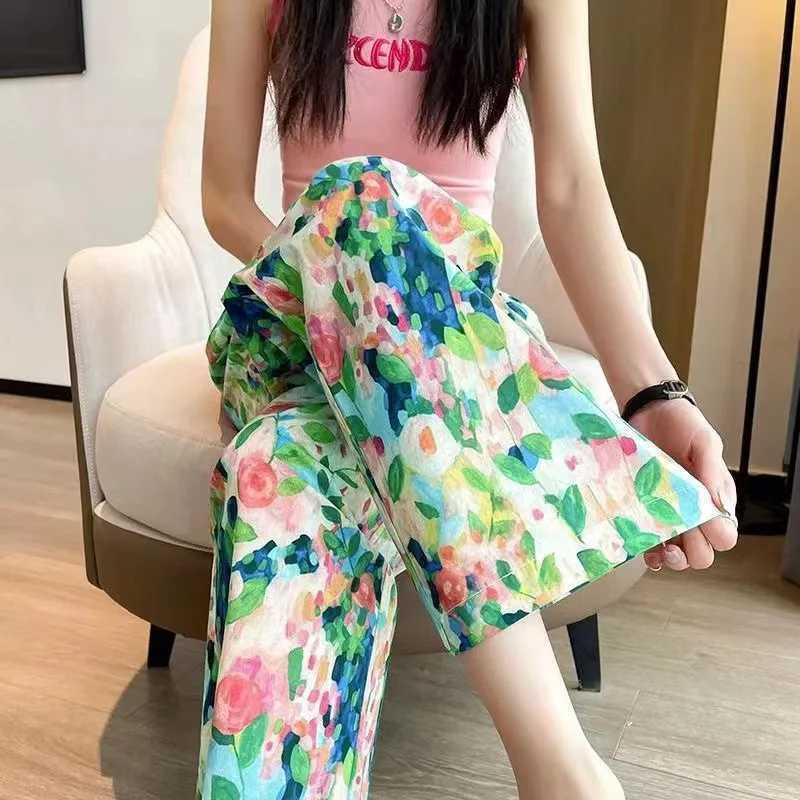 Beach Pants Loose Wide-Leg Pant Fe Seaside Leisure INS High Waist Cropped Pant Straight Floral Trousers 2024 Summer NewXJ250616