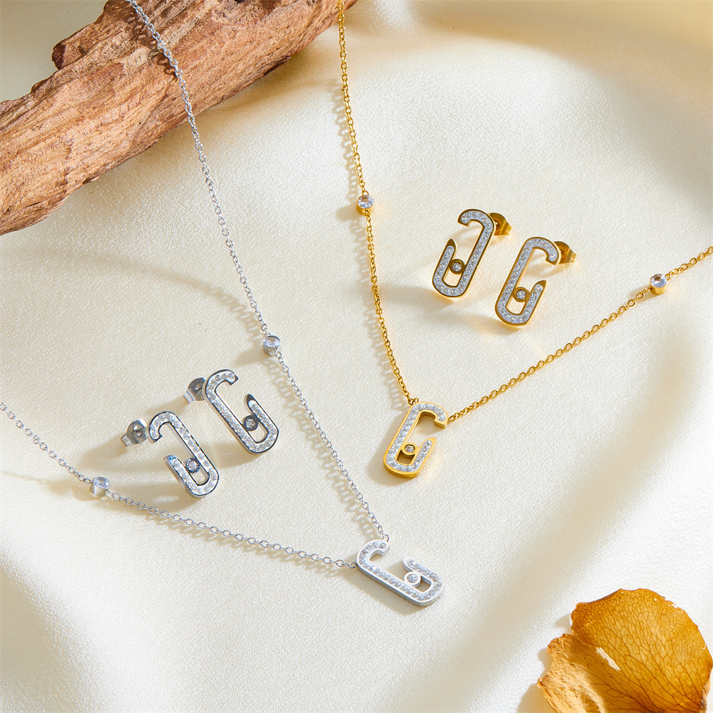 Fashion Style Simple Temperament Dia-Studded Shaped Necklace Earrings for Women High-End Titanium Steel Non-Fading Jewelry