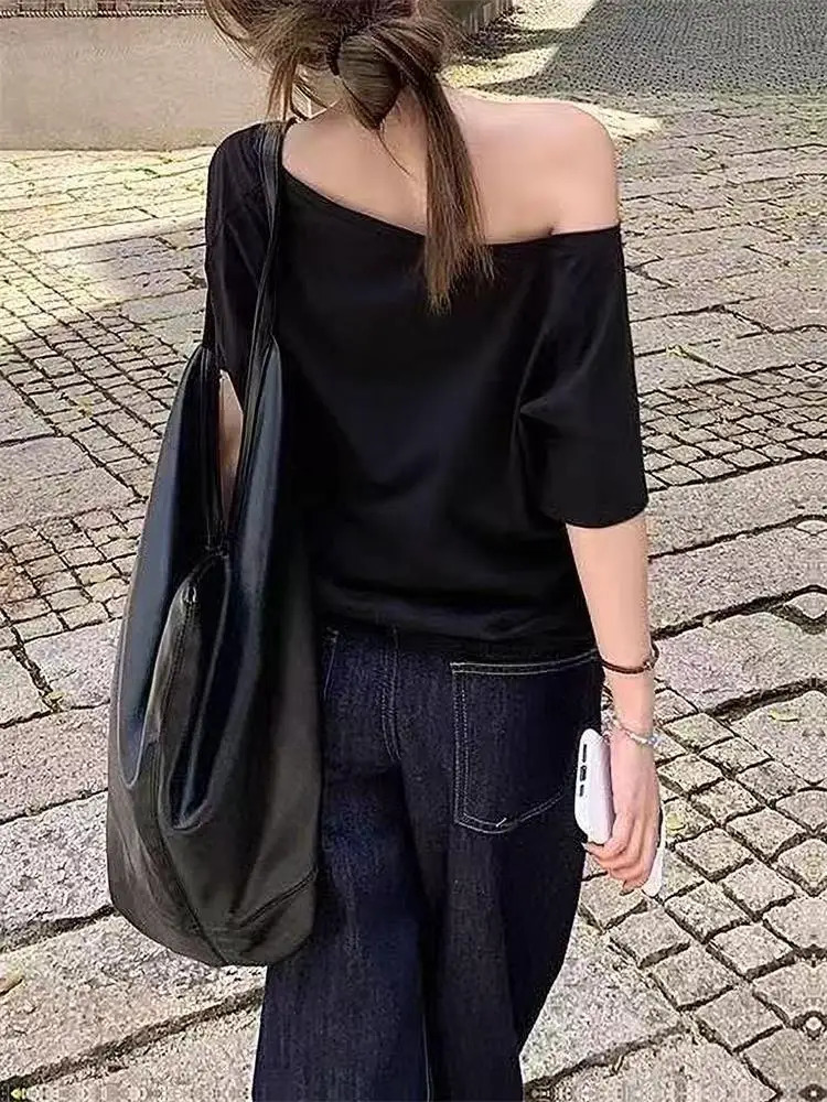 T-shirts Women Niche Off Shoulder Solid Short Sleeve Summer Chic Loose Casual Daily Simple Sexy Korean Trendy Street Tops 250614