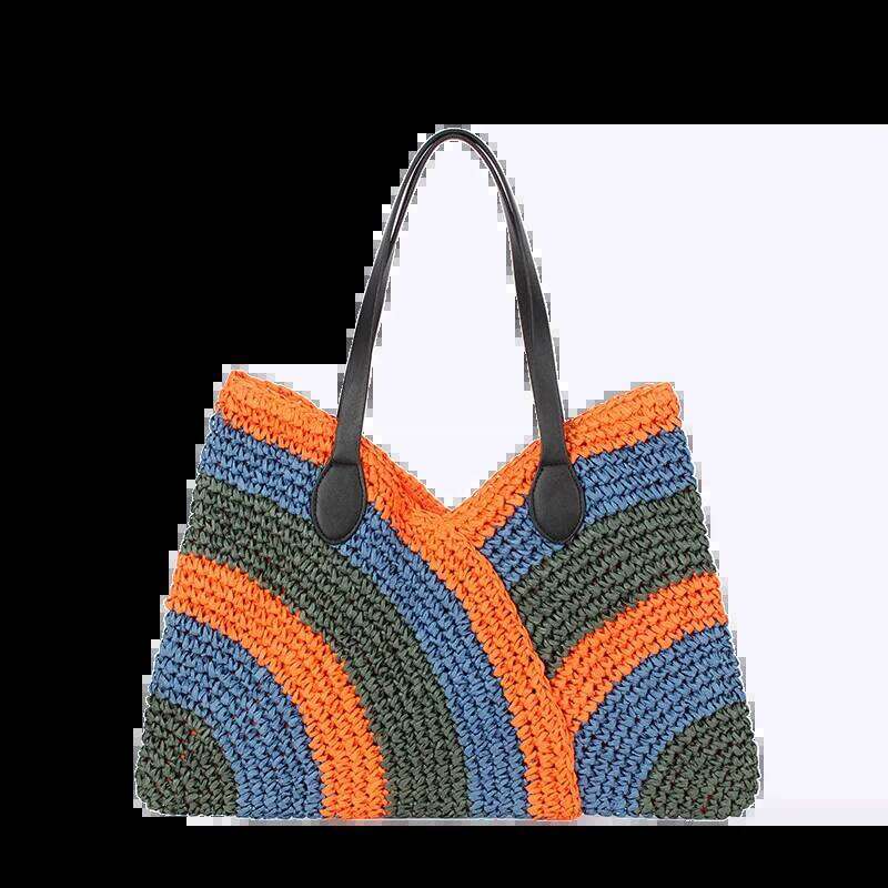 Women's Handwoven Straw Tote Colorful Striped Shoulder Bags Summer Beach Bag Lightweight Holiday Handbag