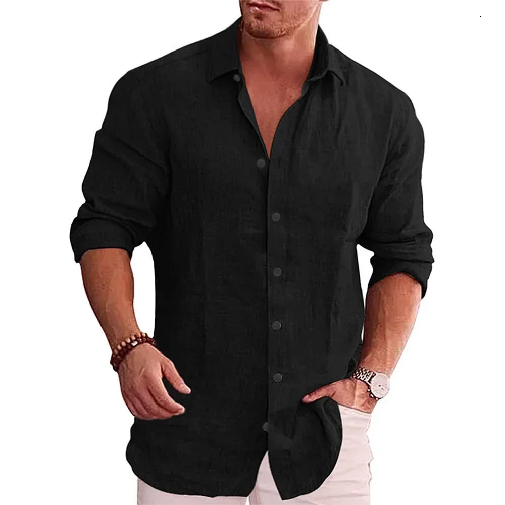 Cotton Linen Autumn Selling Mens Long Sleeve Shirt Solid Color Casual Style Plus Size 250613Z