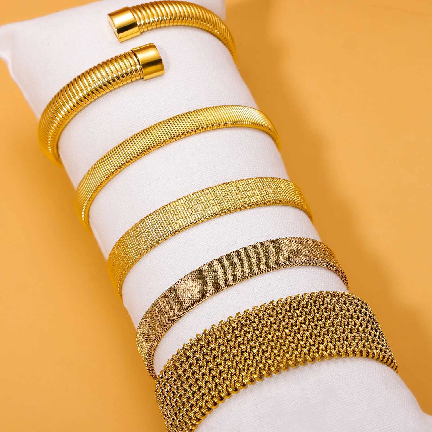 CARLIDANA Hip Hop Cuban 18k Gold Plated Stainless Steel Chunky Bangle Wide and Narrow Stretchable Elastic Z250616