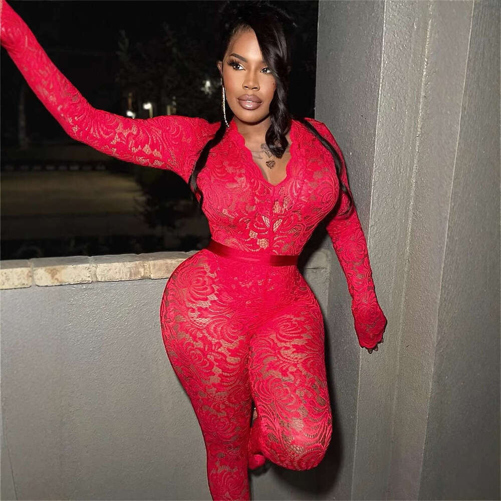 New Fashion Solid Color Slim Fit Sexy Lace Hollow Deep V-Neck Sheer Long Sleeve Top And Pants Set B5