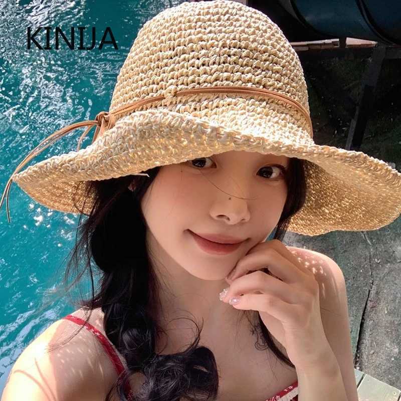 New Arrival Holiday Sle Beach Fisherman Hat Seaside Sun Protection Sun Hat Large Brim Bow Woven Straw Hat Women Panama Chapeau Korean U250616