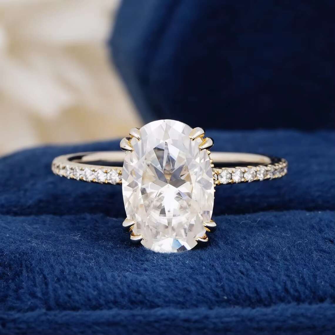 Oval Cut Solitaire Moissanite 14K Real Gold Double Claw Setting Rings Excellent Quality for Personal Gifting Studded Diamond