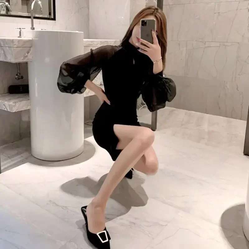 Sensual Sexy Dresses for Women Splicing Woman Long Sleeve Dress Mesh Elegant Chic Cheap Casual One-piece Elastic Pretty Kpop Y2k