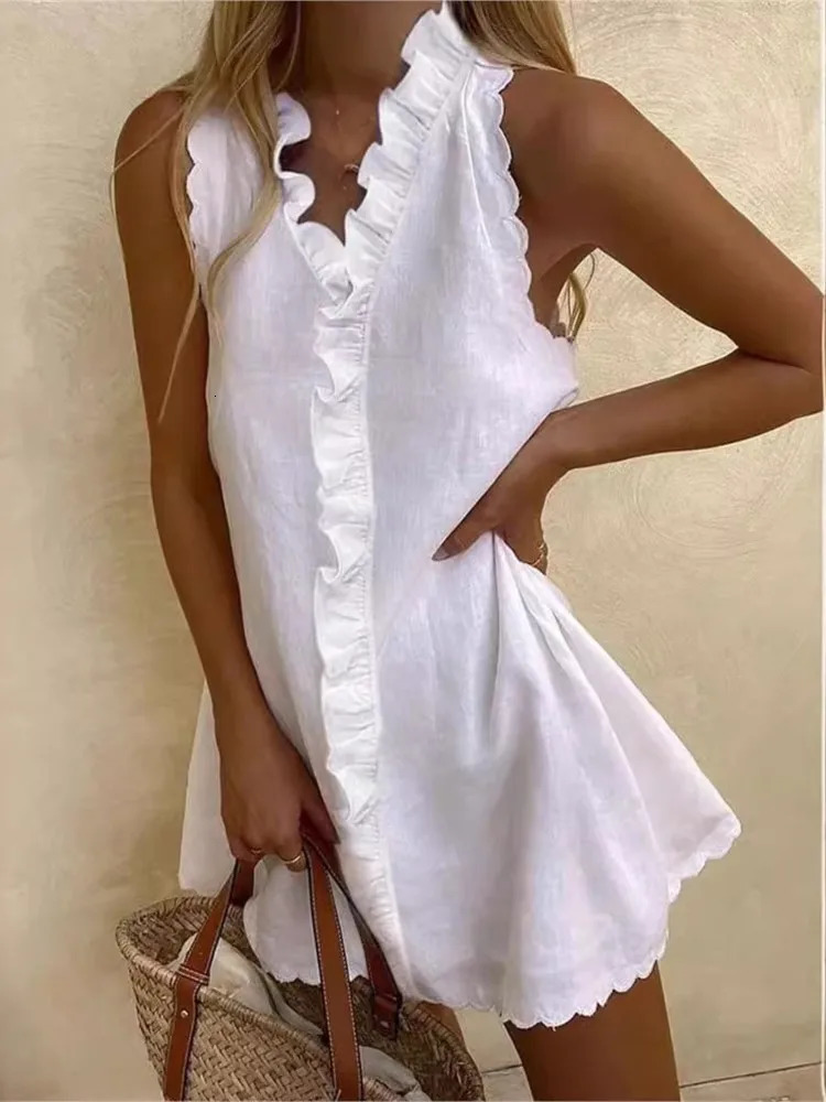 Women Casual Cotton And Linen White Dress Summer V Neck Ruffles Sleeveless Elegant Boho Beach Party Mini Dresses Female Robe 250614